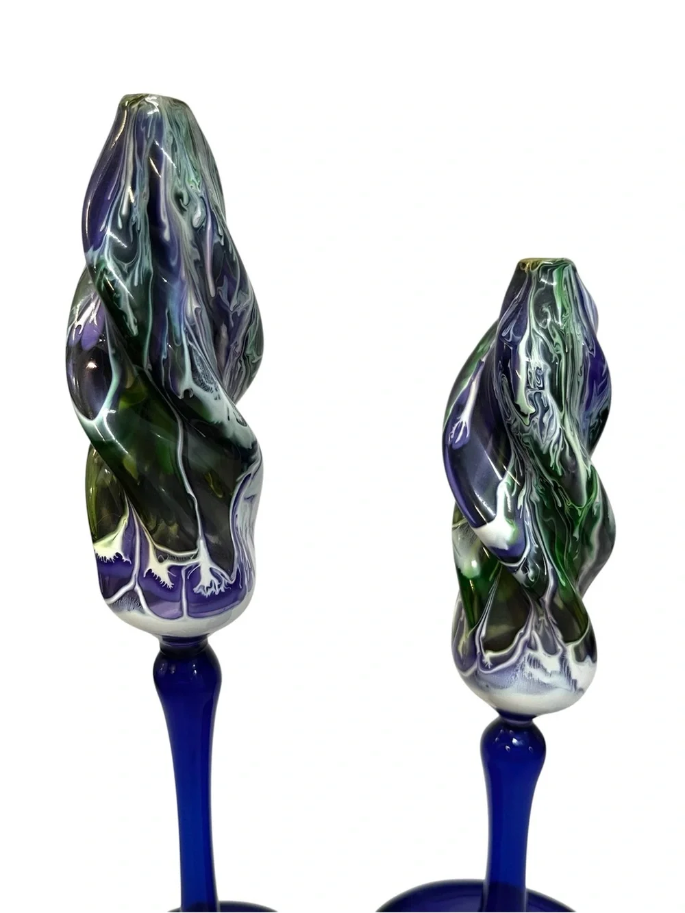 Vintage Hand Blown Art Glass Stemmed Oil Lamps Candlesticks Pair Cobalt Blue